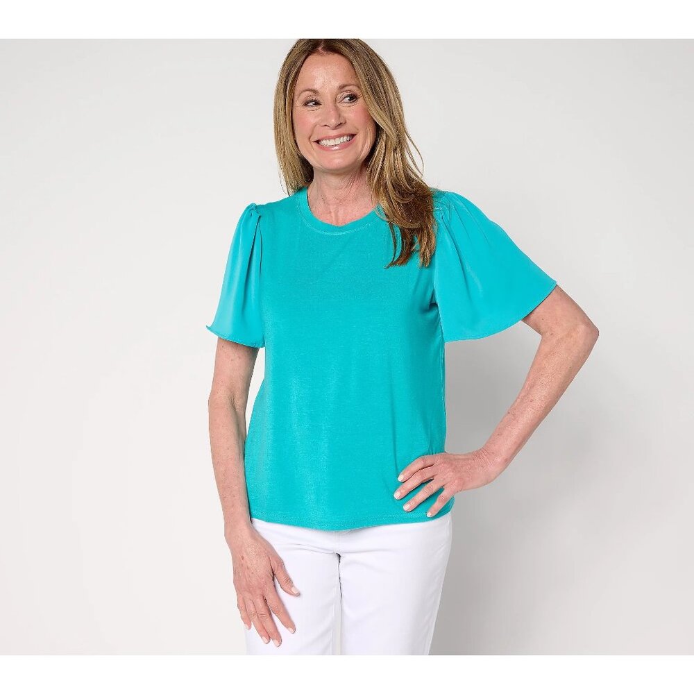 Nicole by Nicole Miller Top Size Medium Luxe Modal Flutter Sleeve Viridian Green